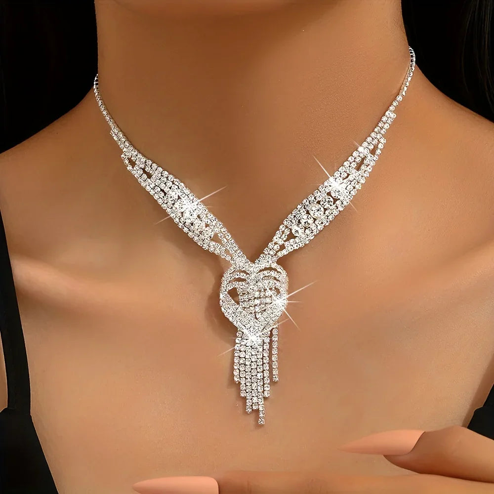 Kristall Strass Herz Dekor Quaste Halskette Elegant Y Halskette Braut Hochzeit Party Bankett Schmuck Für Frauen | tif-shop24.de