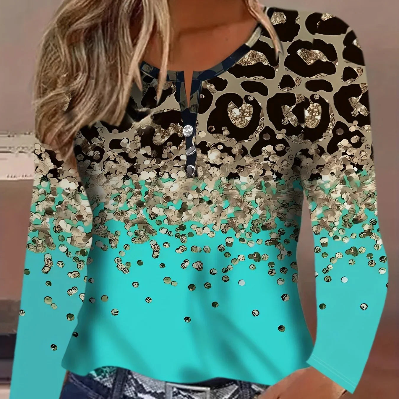 T-Shirt Mit Leoparden- Und Pailletten-Print, Lässiges Langarm-Top Für Frühling Und Herbst - tif-shop24.de