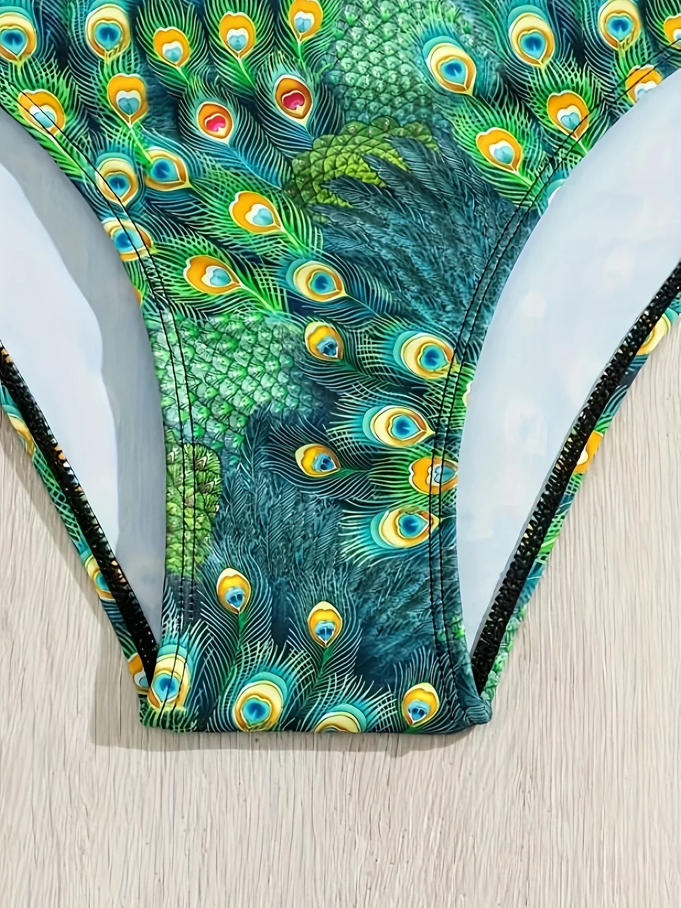 Pfauenmuster 2-teiliges Bikini-Set Neckholder V-Ausschnitt Rückenfrei Seitlich Gebunden Hoch Geschnittene Bademode - tif-shop24.de