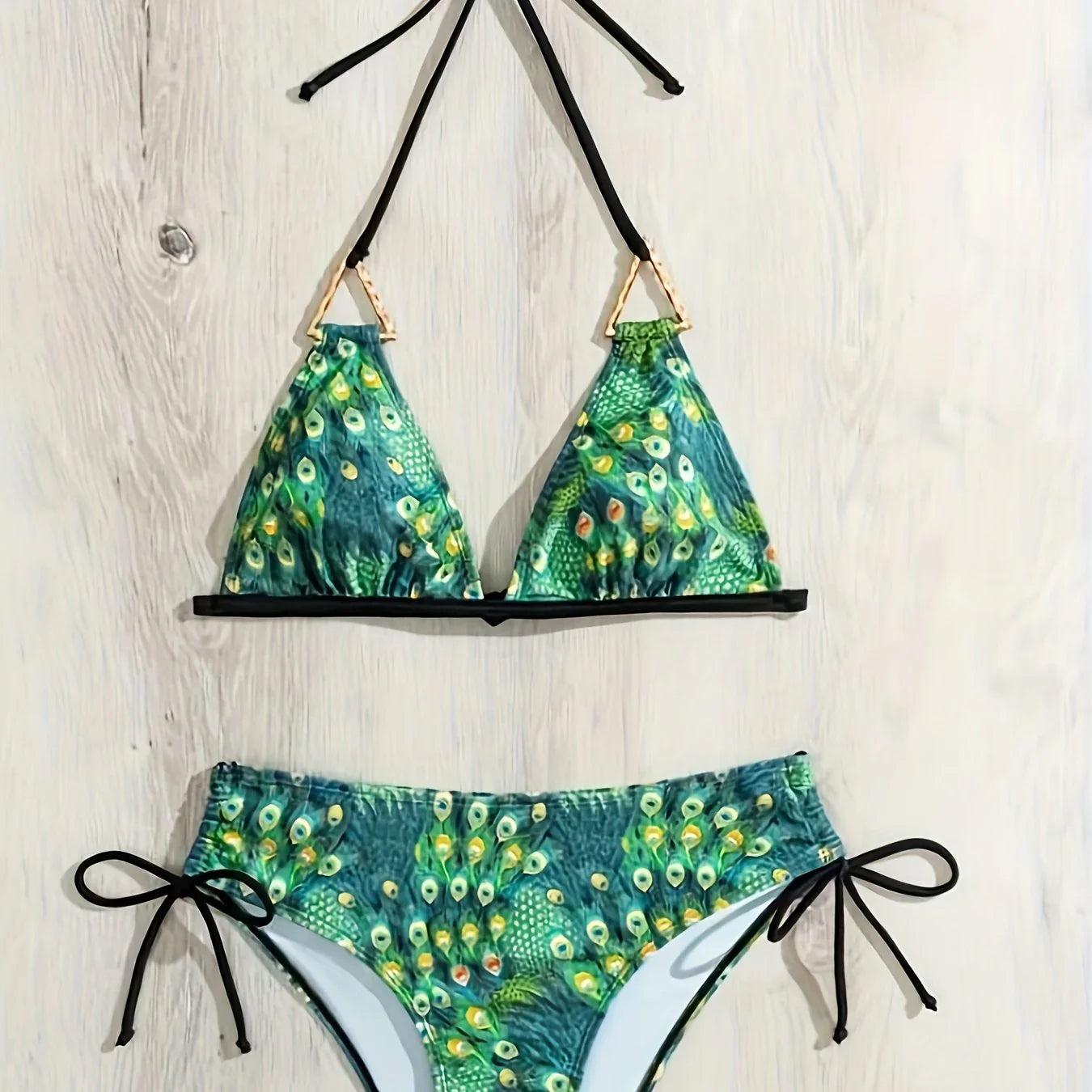 Pfauenmuster 2-teiliges Bikini-Set Neckholder V-Ausschnitt Rückenfrei Seitlich Gebunden Hoch Geschnittene Bademode - tif-shop24.de