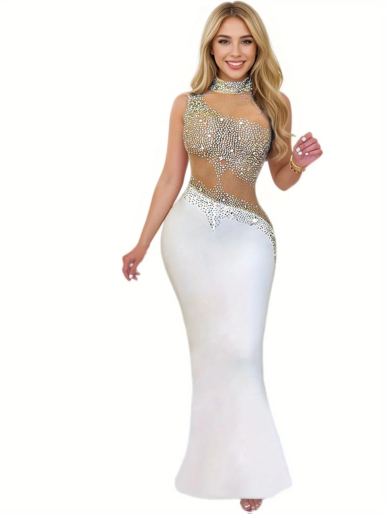 Ärmelloses Strass-Kleid - Elegantes Abendkleid mit Rundhalsausschnitt - tif-shop24.de