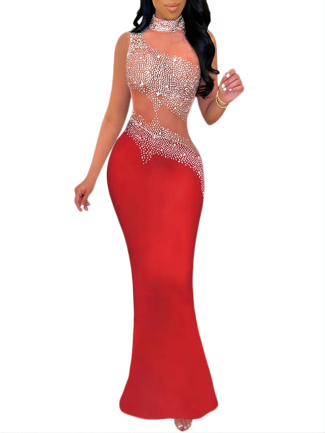 Ärmelloses Strass-Kleid - Elegantes Abendkleid mit Rundhalsausschnitt - tif-shop24.de