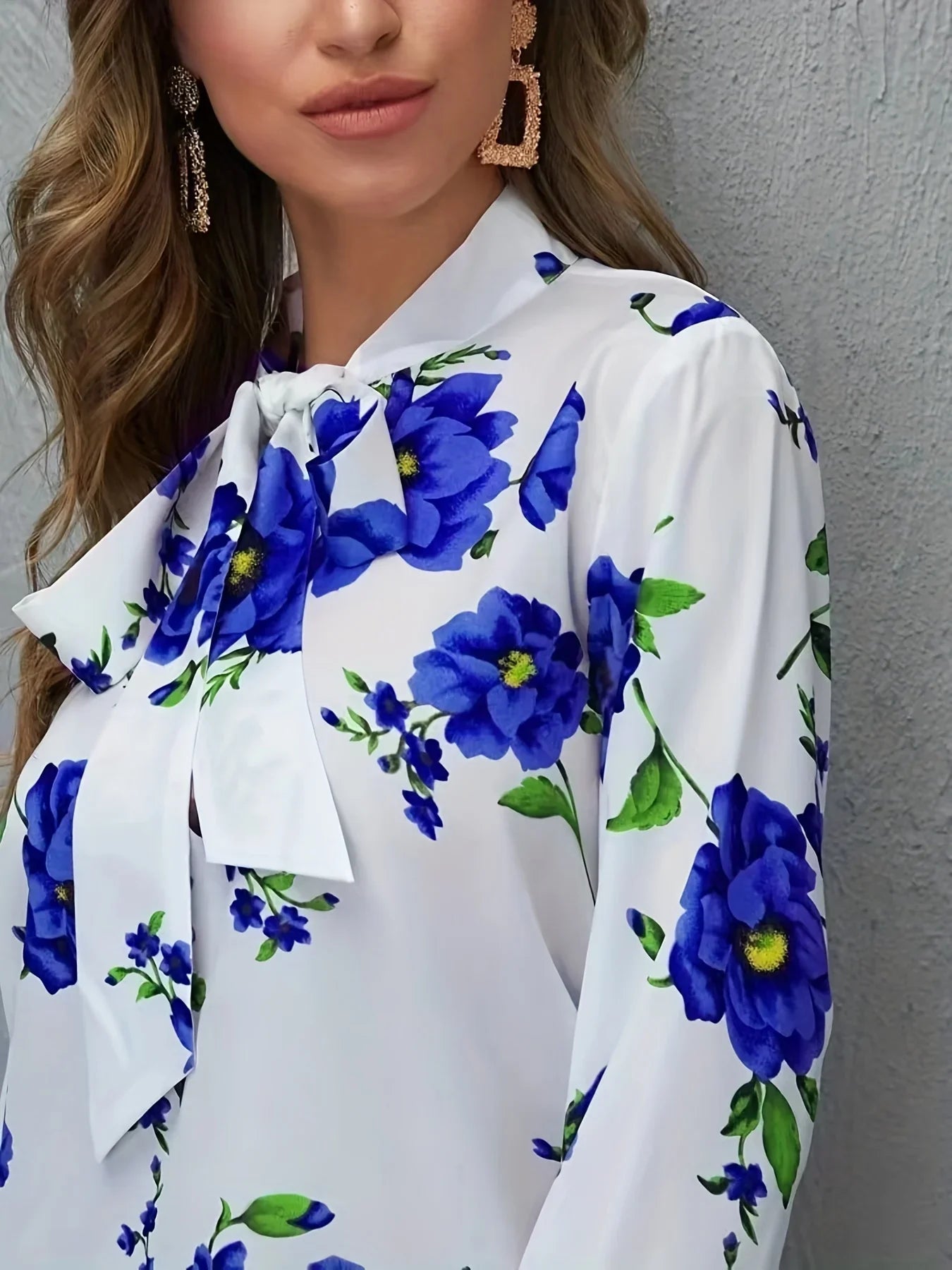 Floral Print Bow Tie Neck Bluse, Elegante Langarmbluse | tif-shop24.de