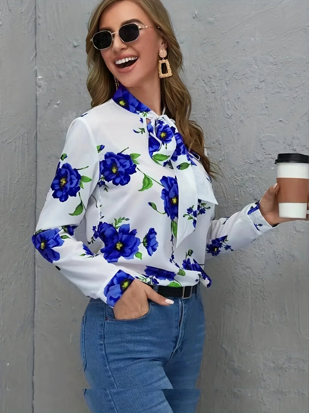 Floral Print Bow Tie Neck Bluse, Elegante Langarmbluse | tif-shop24.de