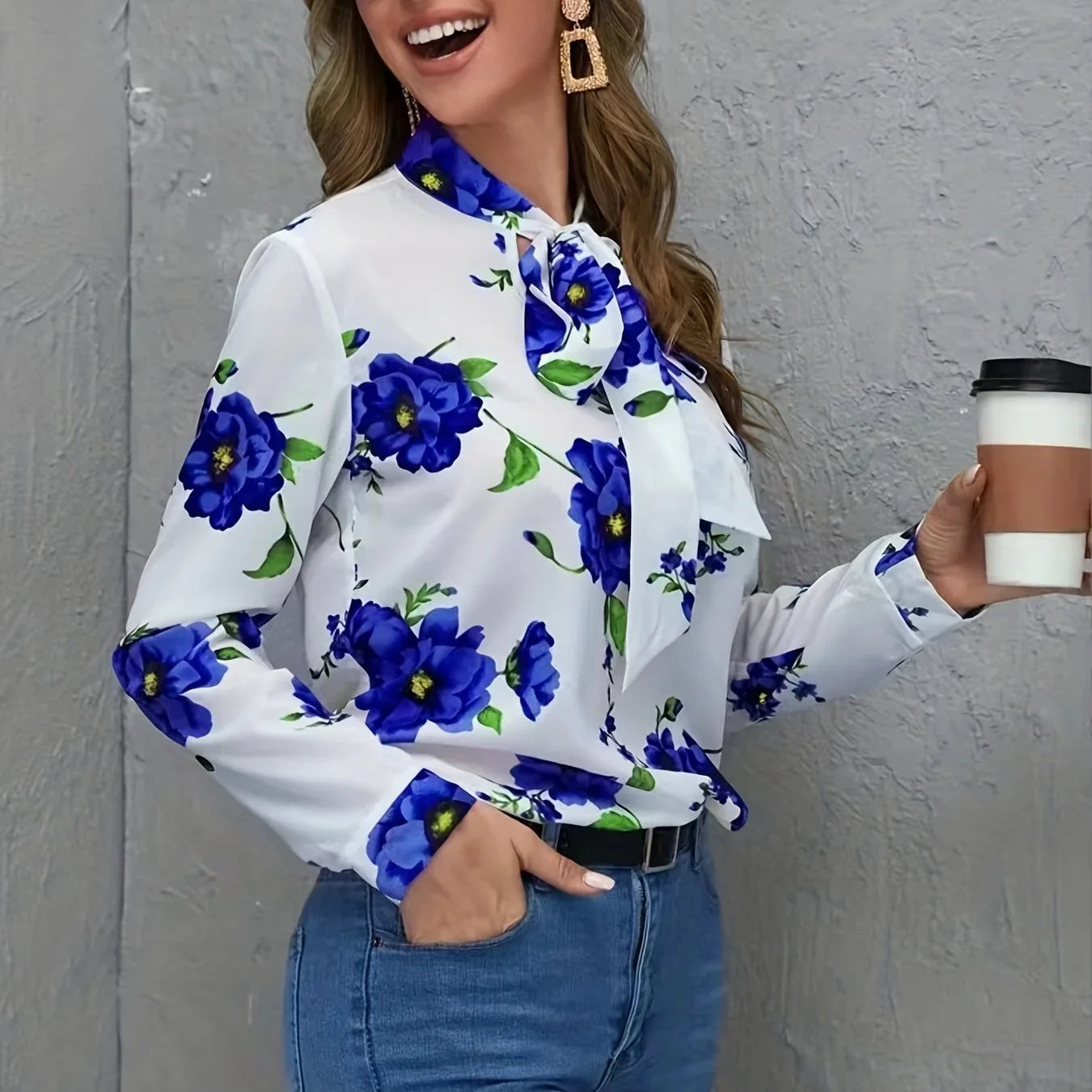 Floral Print Bow Tie Neck Bluse, Elegante Langarmbluse | tif-shop24.de