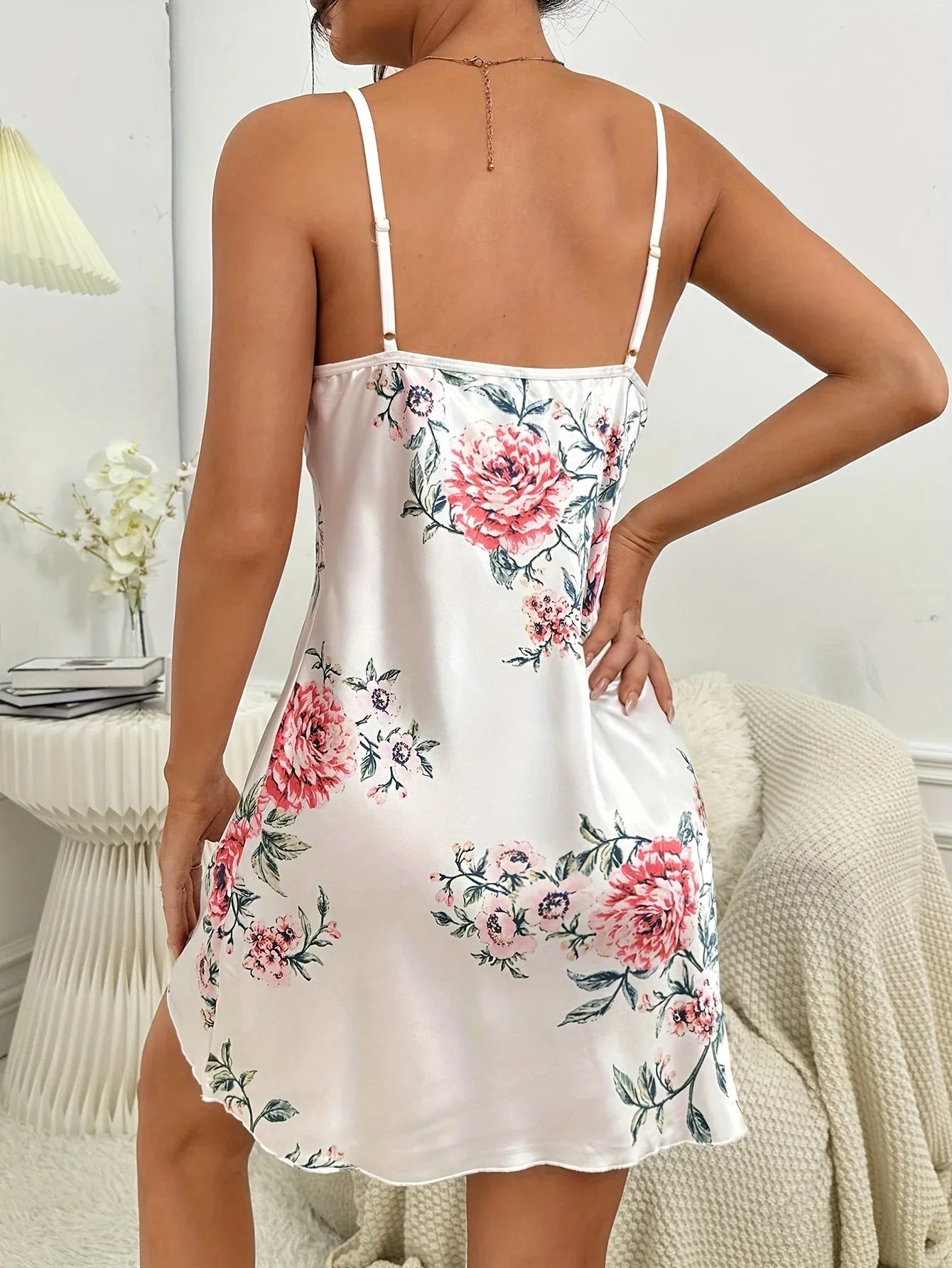Floral Print Slip V-Ausschnitt Rückenfrei Schlafkleid Nachtwäsche & Kleider | tif-shop24.de