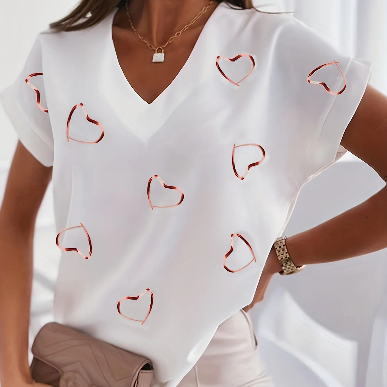 Herzdruck V-Ausschnitt Lässiges Kurzarm-Top T-Shirt | tif-shop24.de