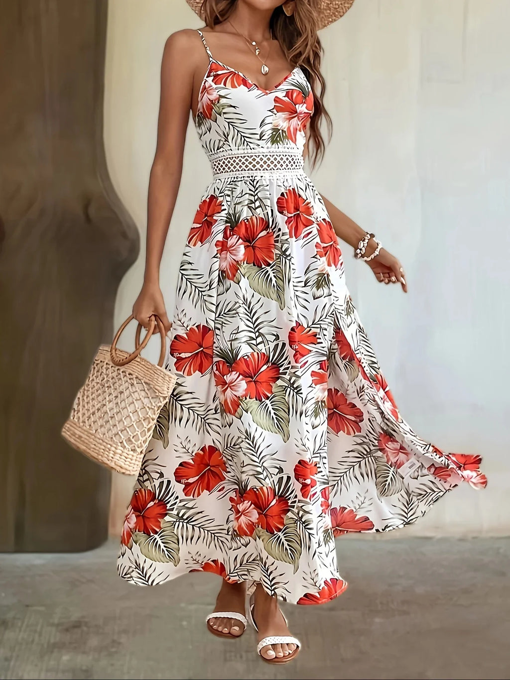 Kleid Mit Blumendruck Und Geteiltem Saum Elegantes Ärmelloses Cami-Kleid - tif-shop24.de