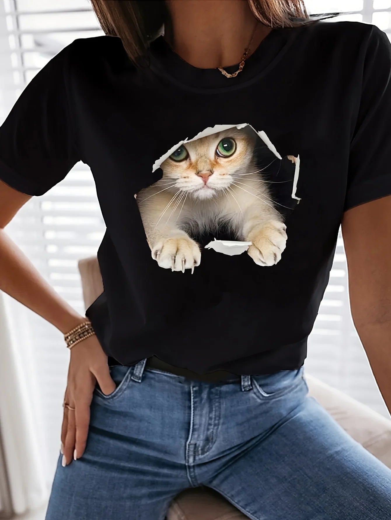 Niedliches Katzen Print Rundhals Lässiges Kurzarm T-Shirt | tif-shop24.de