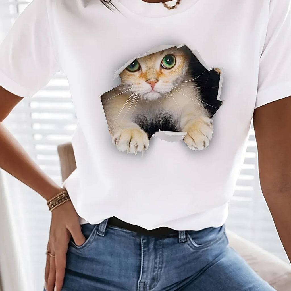 Niedliches Katzen Print Rundhals Lässiges Kurzarm T-Shirt | tif-shop24.de