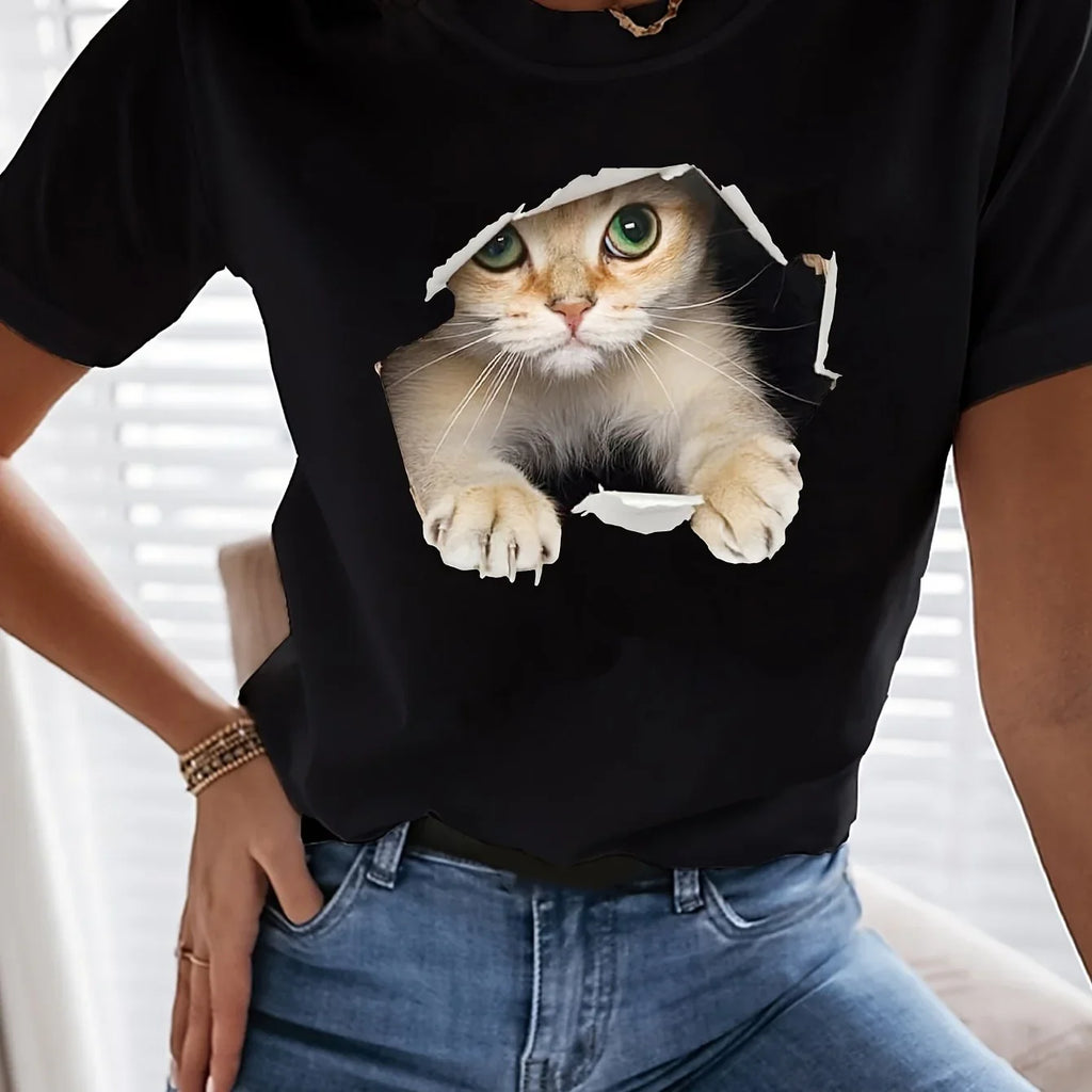 Niedliches Katzen Print Rundhals Lässiges Kurzarm T-Shirt | tif-shop24.de