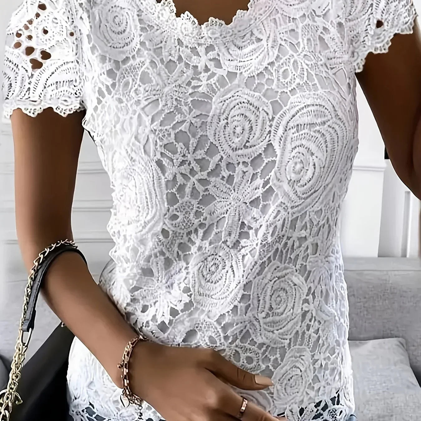 Solid Lace Short Sleeve Top Vielseitige Bluse | tif-shop24.de