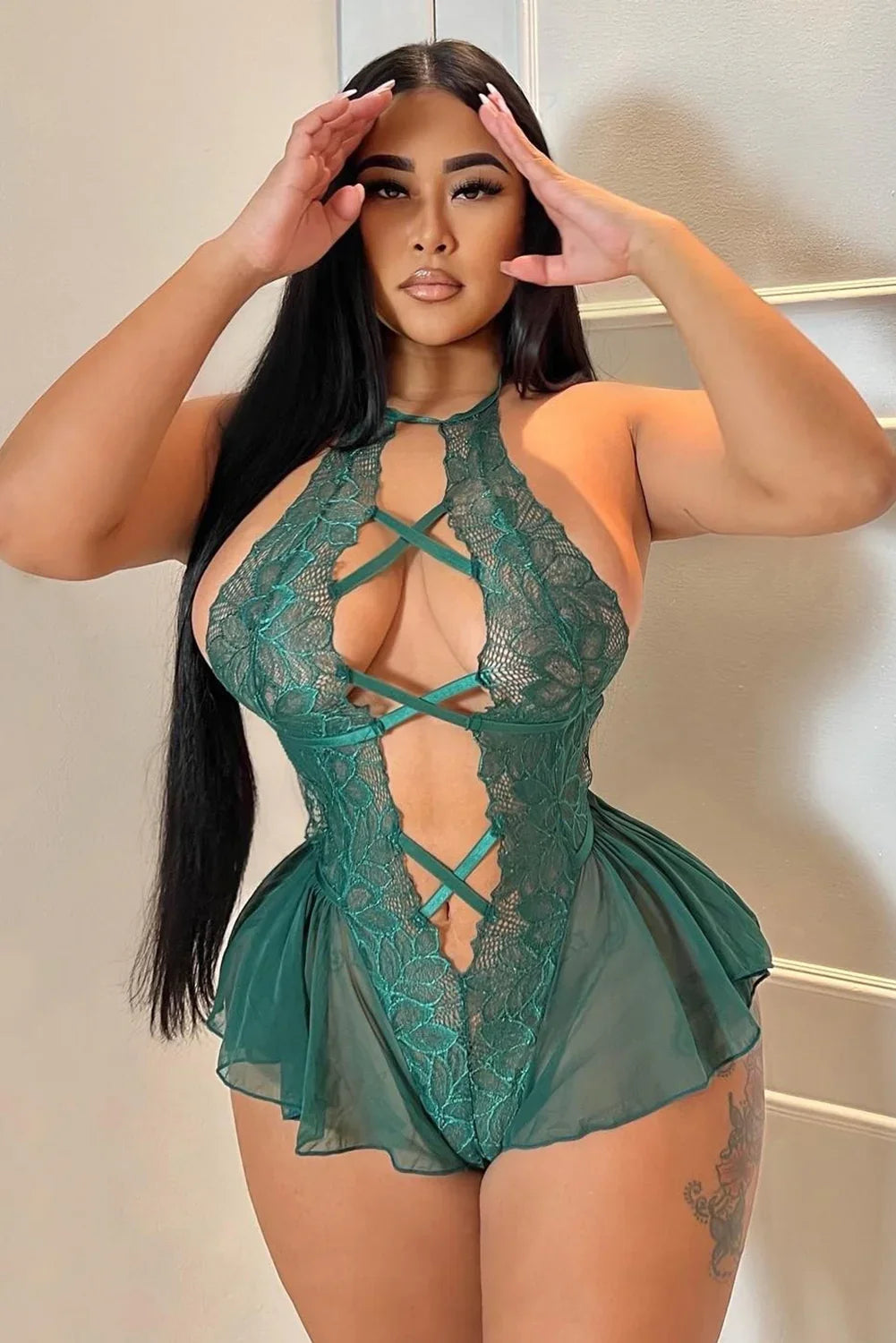 Sheer Lace Halterneck Ruffle Trim Teddy | tif-shop24.de