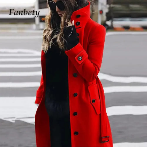 Solid Color Button Long Wool Trench Coat — Stand Collar, High Neck, Belted | tif-shop24.de