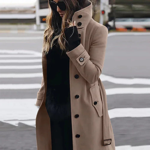 Solid Color Button Long Wool Trench Coat — Stand Collar, High Neck, Belted | tif-shop24.de