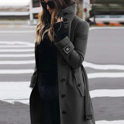 Solid Color Button Long Wool Trench Coat — Stand Collar, High Neck, Belted | tif-shop24.de