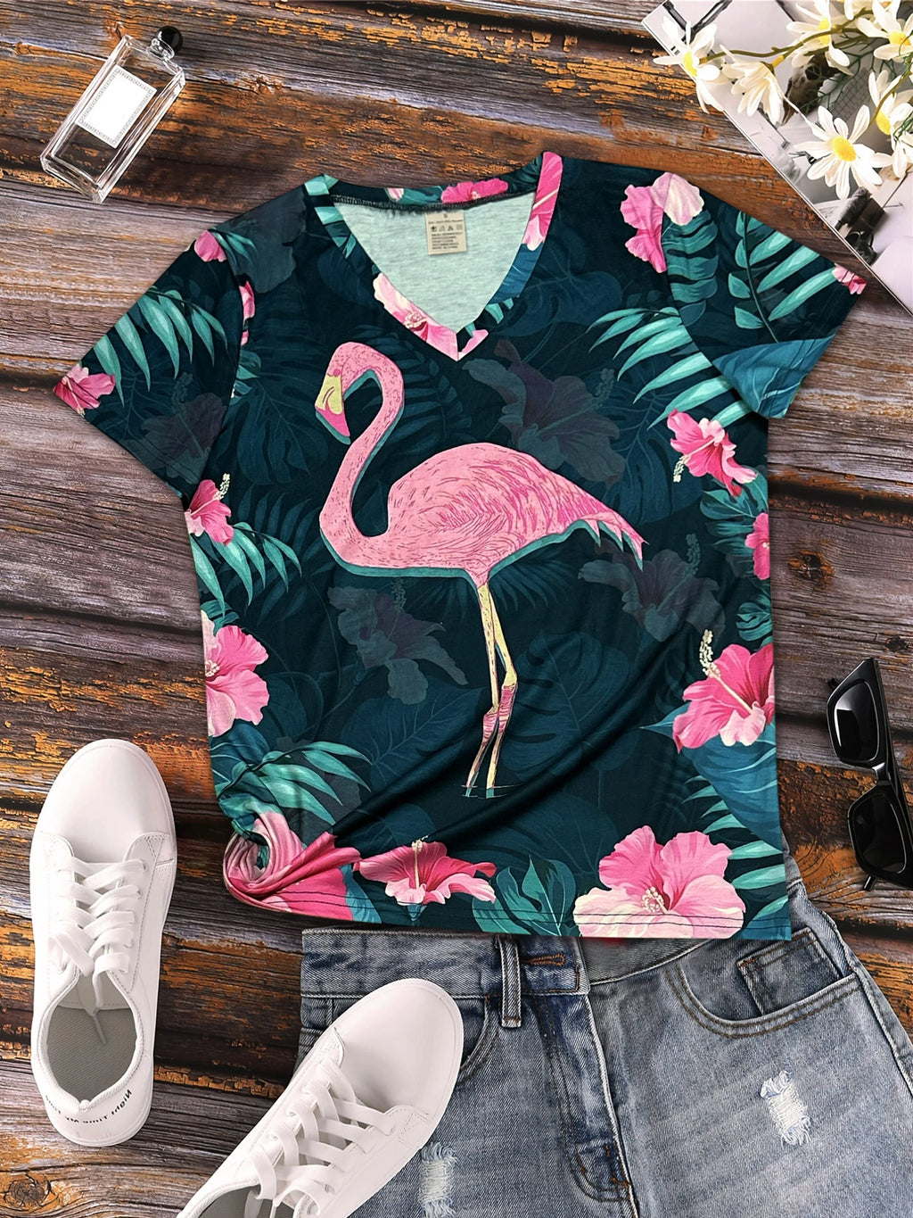 Flamingo-Druck V-Ausschnitt T-Shirt, Lässiges Kurzarm-Top Für Frühling & Sommer - tif-shop24.de