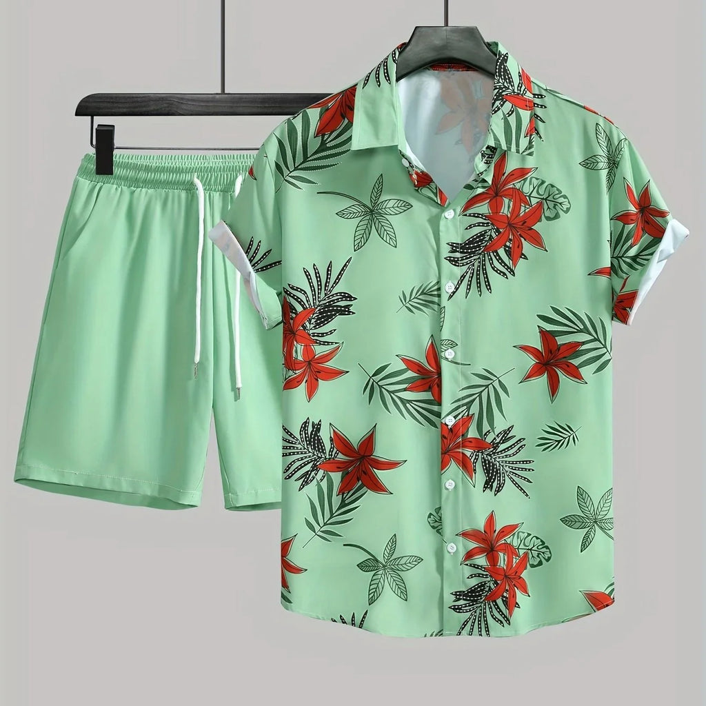 Blumen- Und Blattdruck, 2-teiliges Outfit, Lässiges Camp-Kragen-Revers-Knopf-Kurzarmhemd, Hawaiihemd Und Kordelzug-Shorts - tif-shop24.de