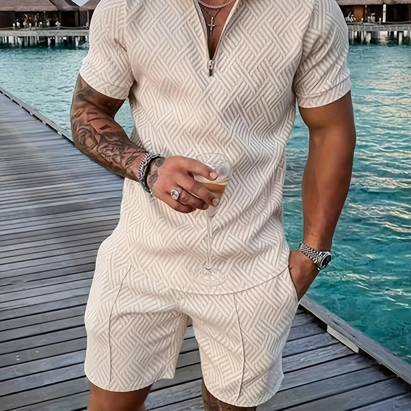 2Pcs Outfits Für Männer, Lässiges Kurzarm-Lapels-Shirt Und Drawstring-Shorts-Set - tif-shop24.de