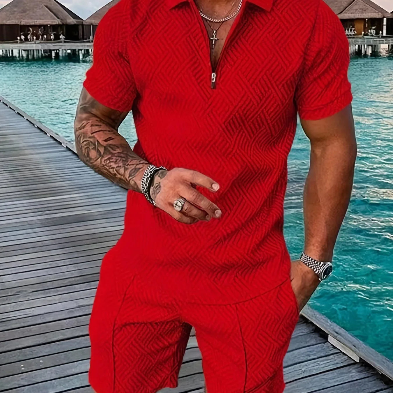 2Pcs Outfits Für Männer, Lässiges Kurzarm-Lapels-Shirt Und Drawstring-Shorts-Set - tif-shop24.de