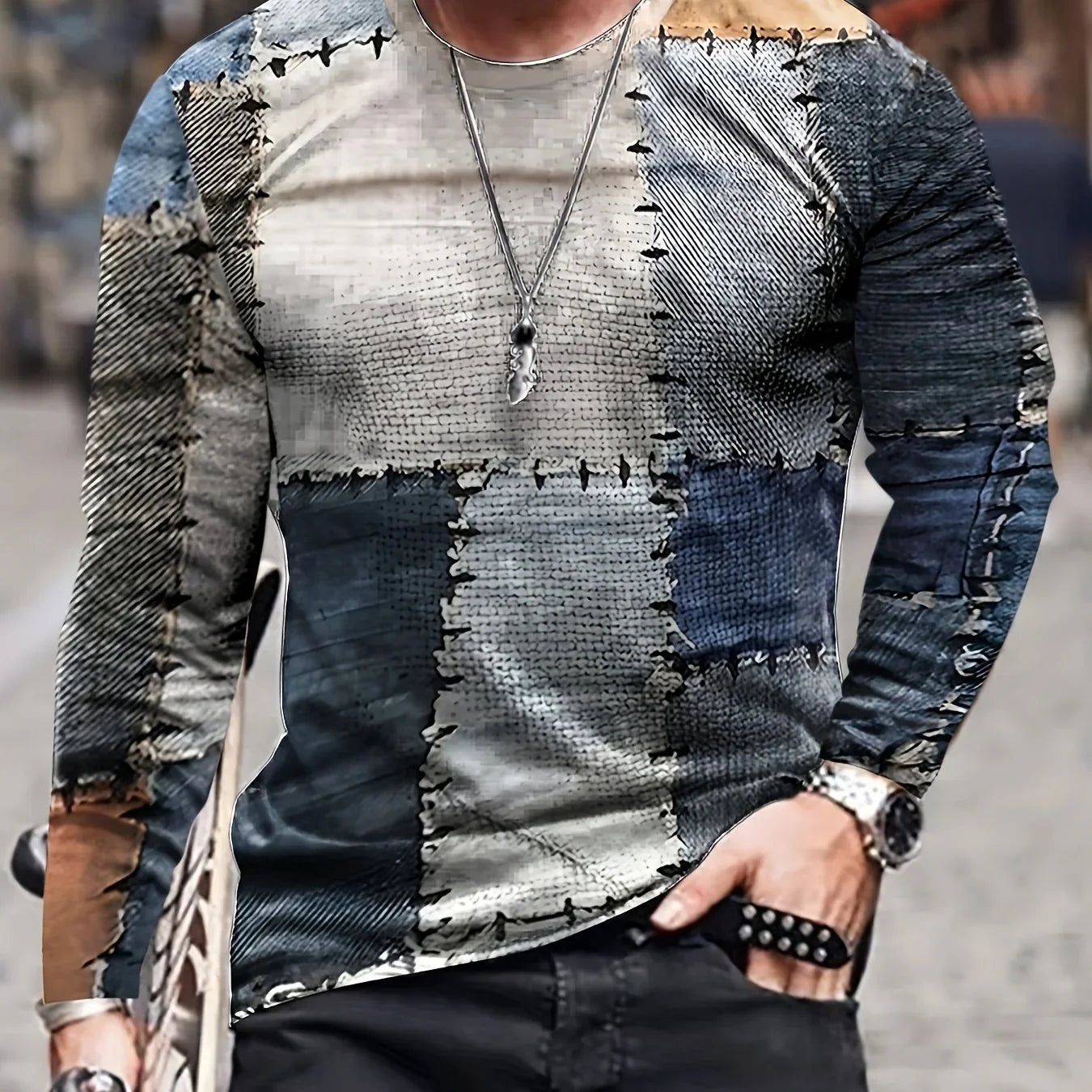 Patchwork Langarm Novelty Stilvolle Tees T-Shirt | tif-shop24.de