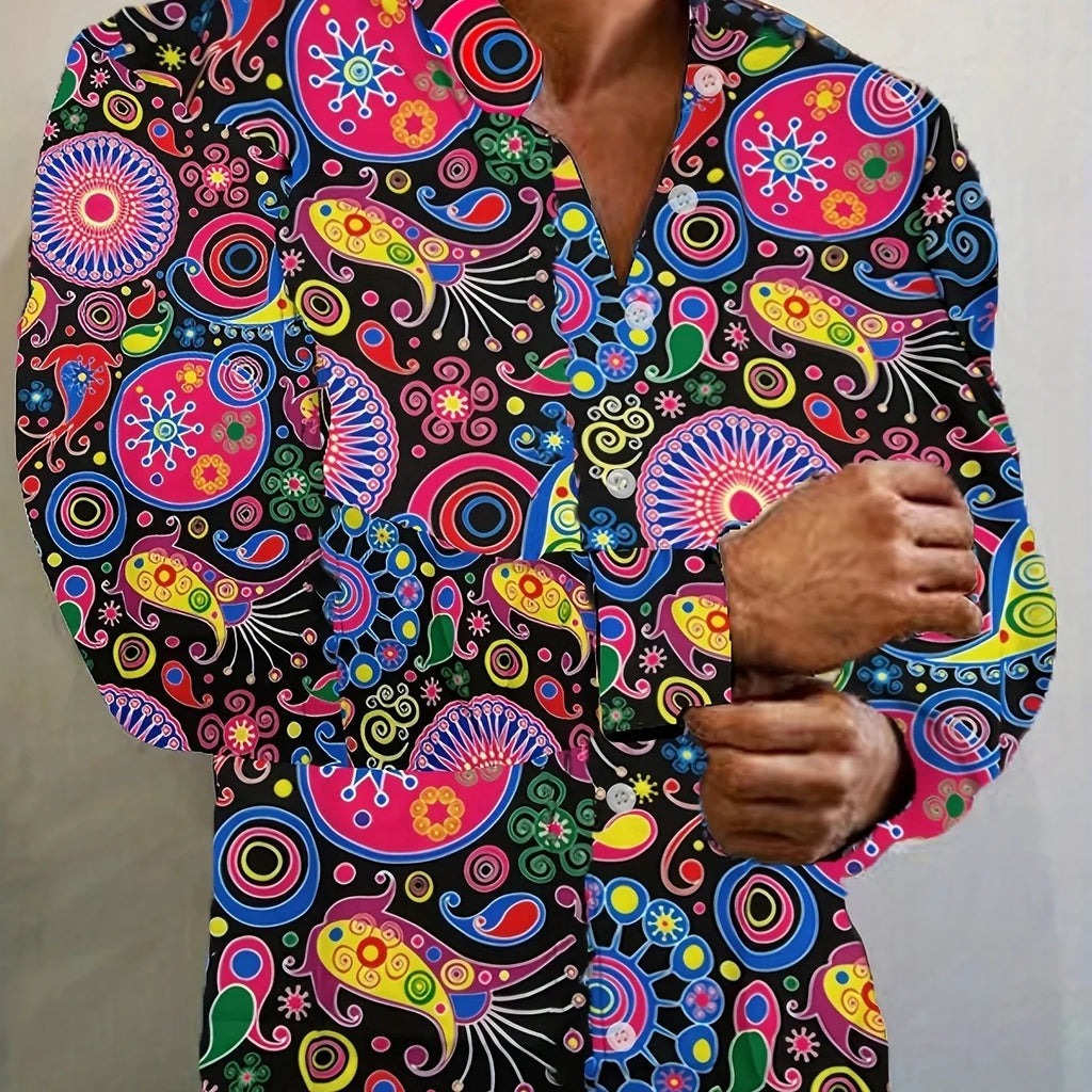 Langarmshirt Mit Neuartigem Muster, Grafisches Button-Up-Hemd Für Frühling Und Herbst - tif-shop24.de