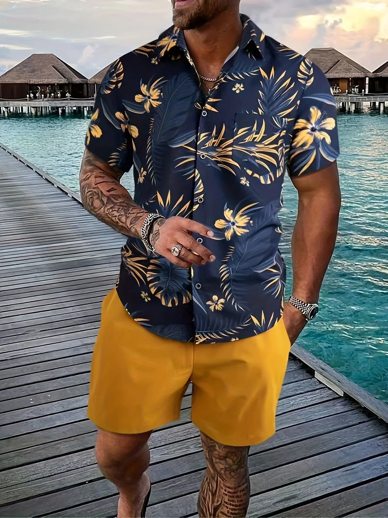 Blumen- Und Blattdruck, 2-teiliges Herren-Outfit, Lässiges Camp-Kragen-Revers-Knopf-Kurzarmhemd, Hawaiihemd Und Kordelzug-Shorts - tif-shop24.de
