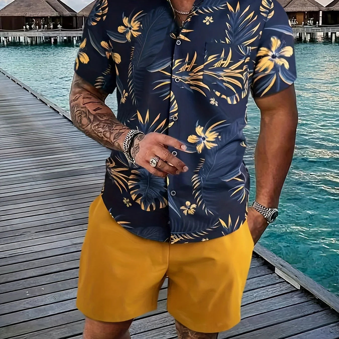 Blumen- Und Blattdruck, 2-teiliges Herren-Outfit, Lässiges Camp-Kragen-Revers-Knopf-Kurzarmhemd, Hawaiihemd Und Kordelzug-Shorts - tif-shop24.de