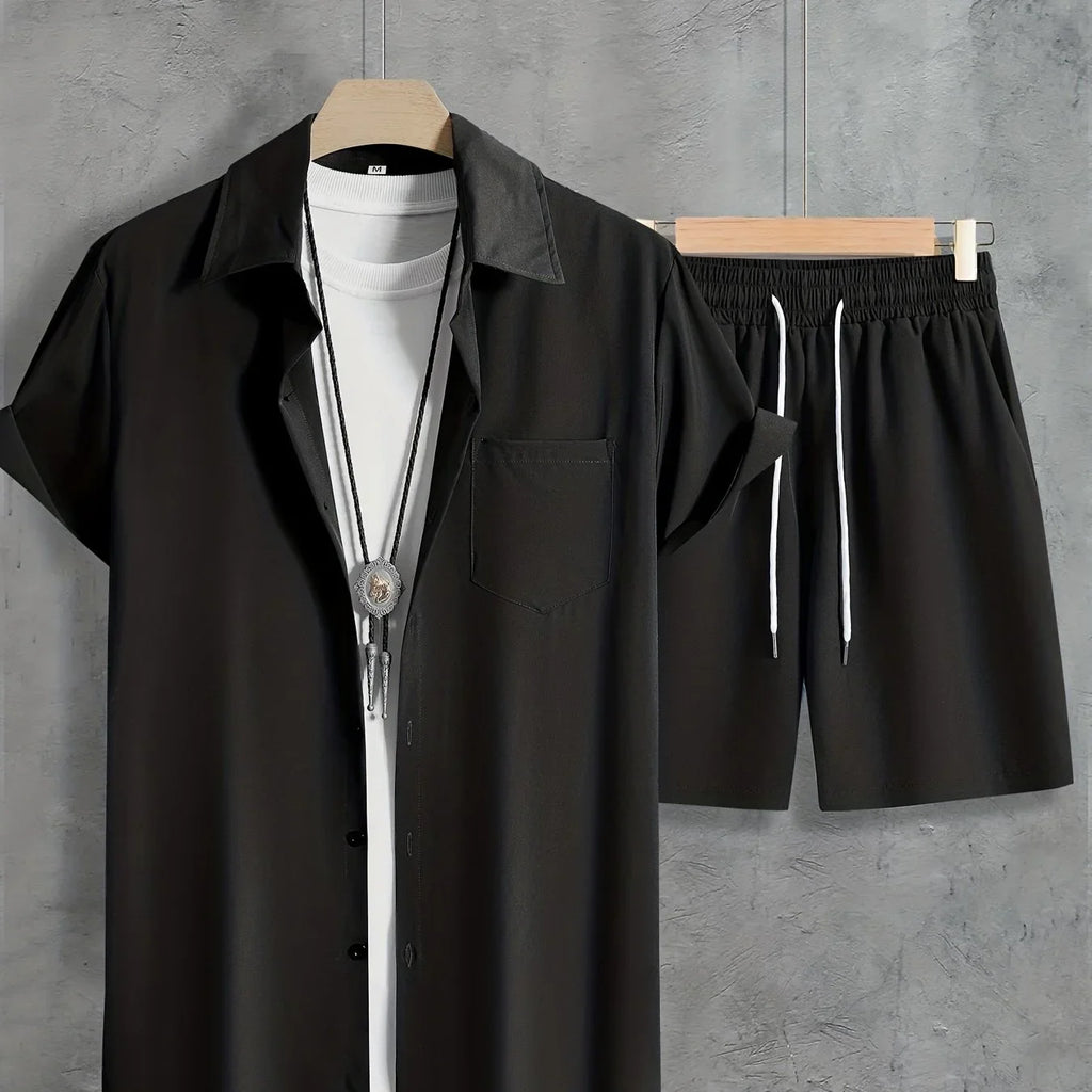 Unifarbenes 2 Stk. Kurzarm-Shirt mit Revers Knopfleiste und Shorts mit Kordelzug - tif-shop24.de