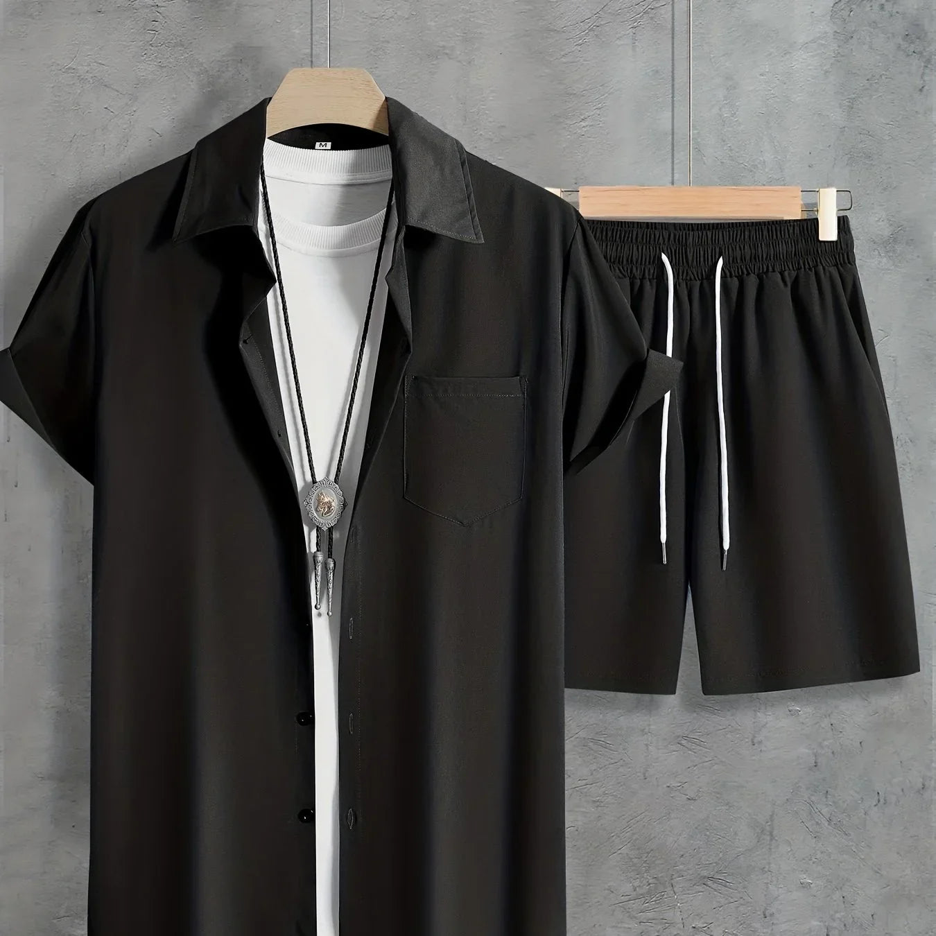 Unifarbenes 2 Stk. Kurzarm-Shirt mit Revers Knopfleiste und Shorts mit Kordelzug - tif-shop24.de