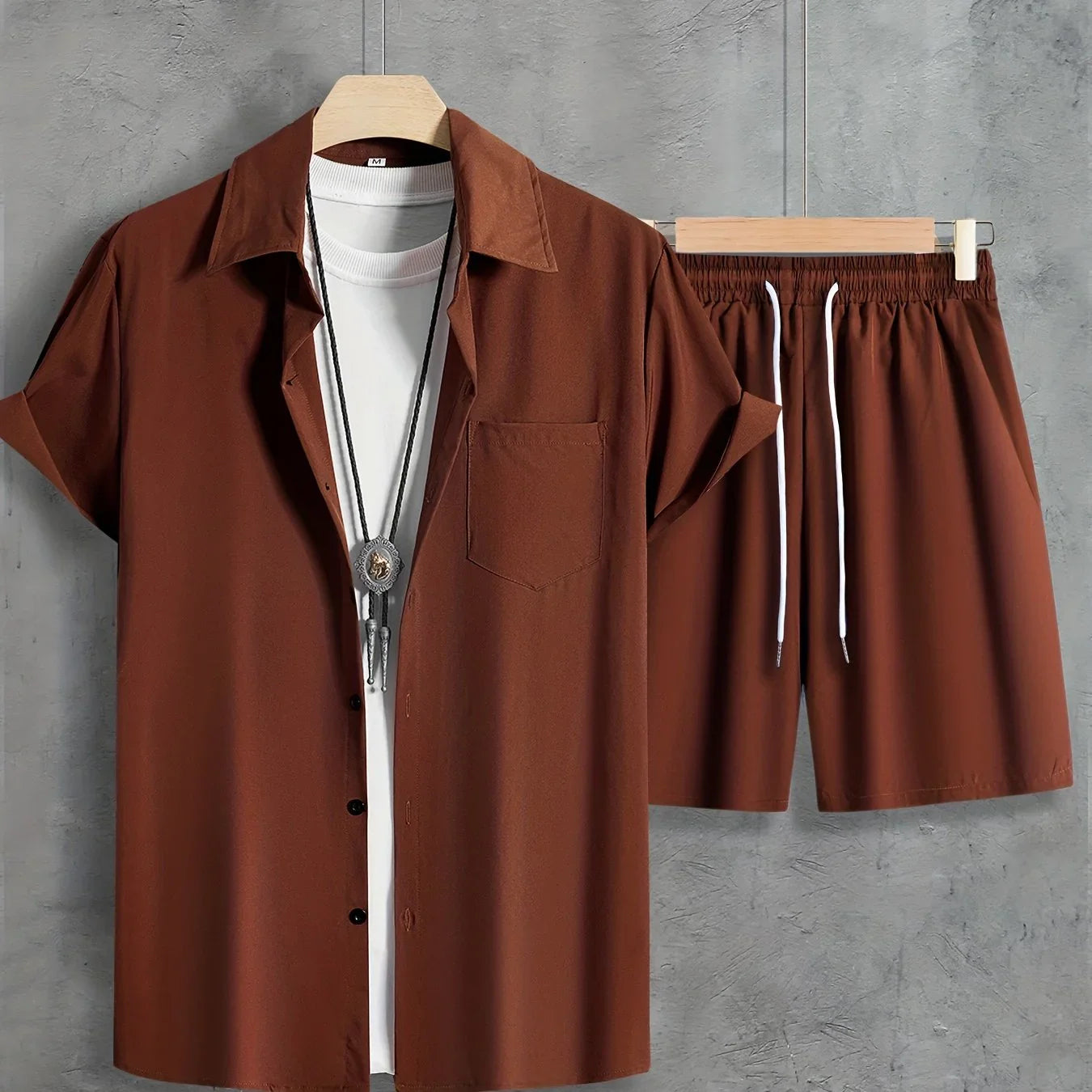 Unifarbenes 2 Stk. Kurzarm-Shirt mit Revers Knopfleiste und Shorts mit Kordelzug - tif-shop24.de