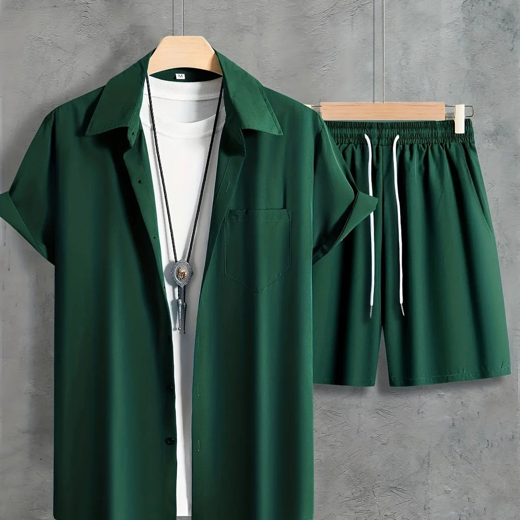 Unifarbenes 2 Stk. Kurzarm-Shirt mit Revers Knopfleiste und Shorts mit Kordelzug - tif-shop24.de