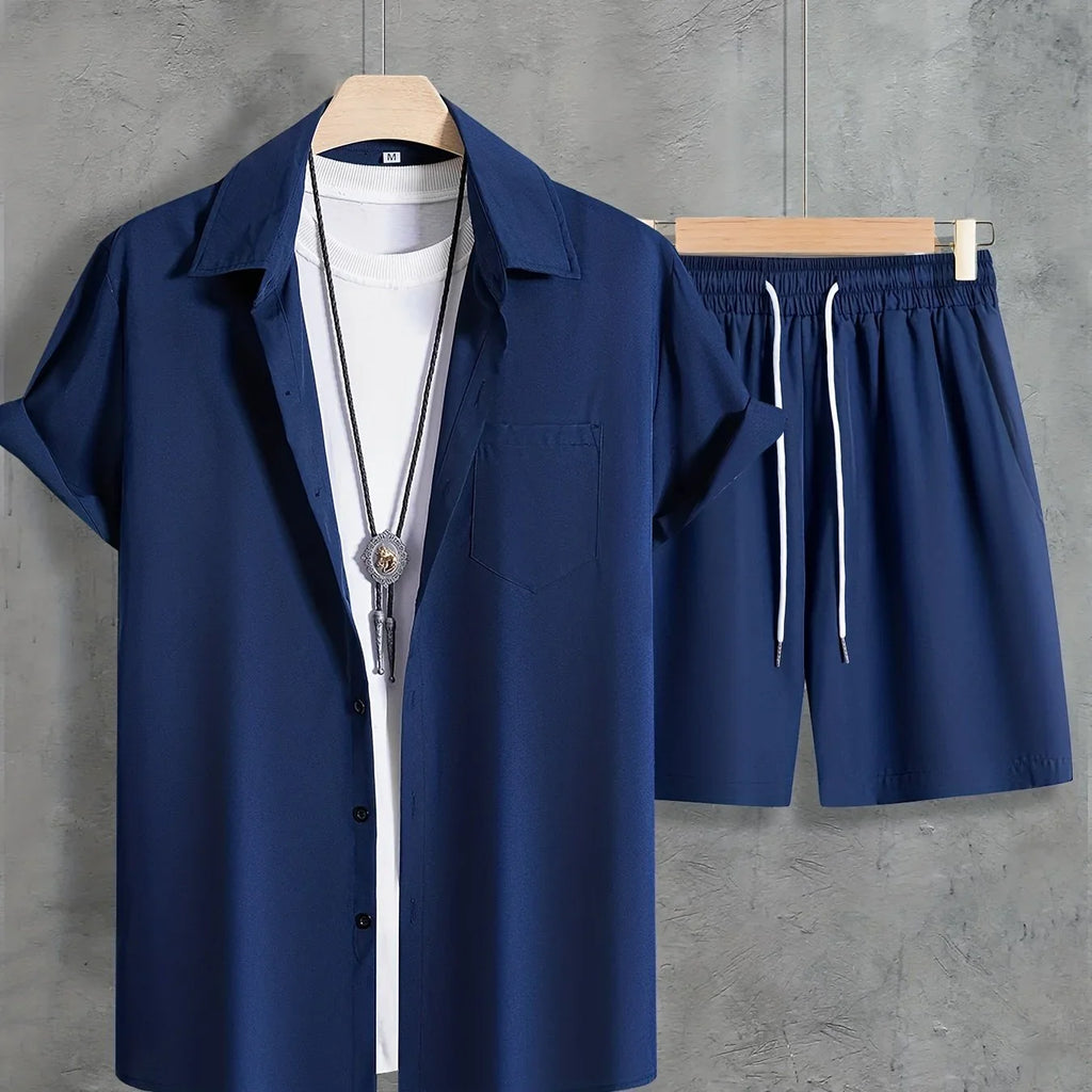 Unifarbenes 2 Stk. Kurzarm-Shirt mit Revers Knopfleiste und Shorts mit Kordelzug - tif-shop24.de