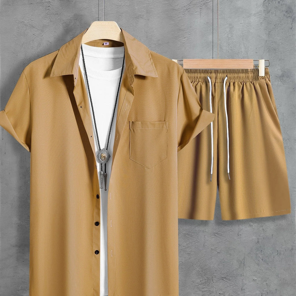 Unifarbenes 2 Stk. Kurzarm-Shirt mit Revers Knopfleiste und Shorts mit Kordelzug - tif-shop24.de