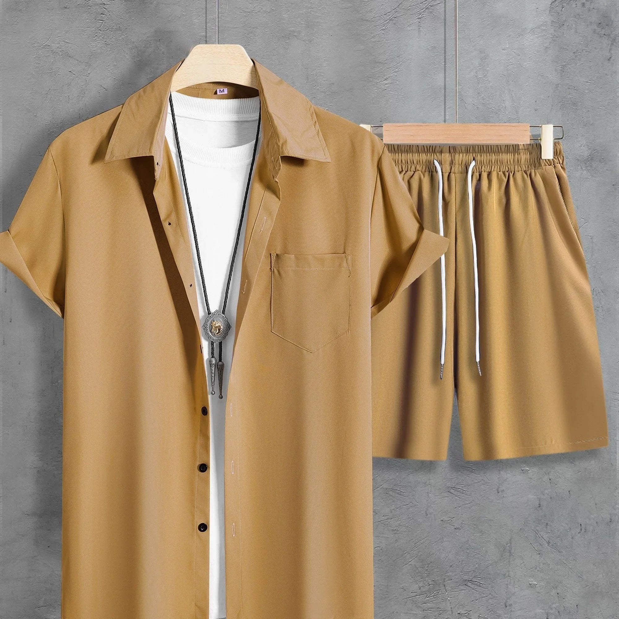 Unifarbenes 2 Stk. Kurzarm-Shirt mit Revers Knopfleiste und Shorts mit Kordelzug - tif-shop24.de