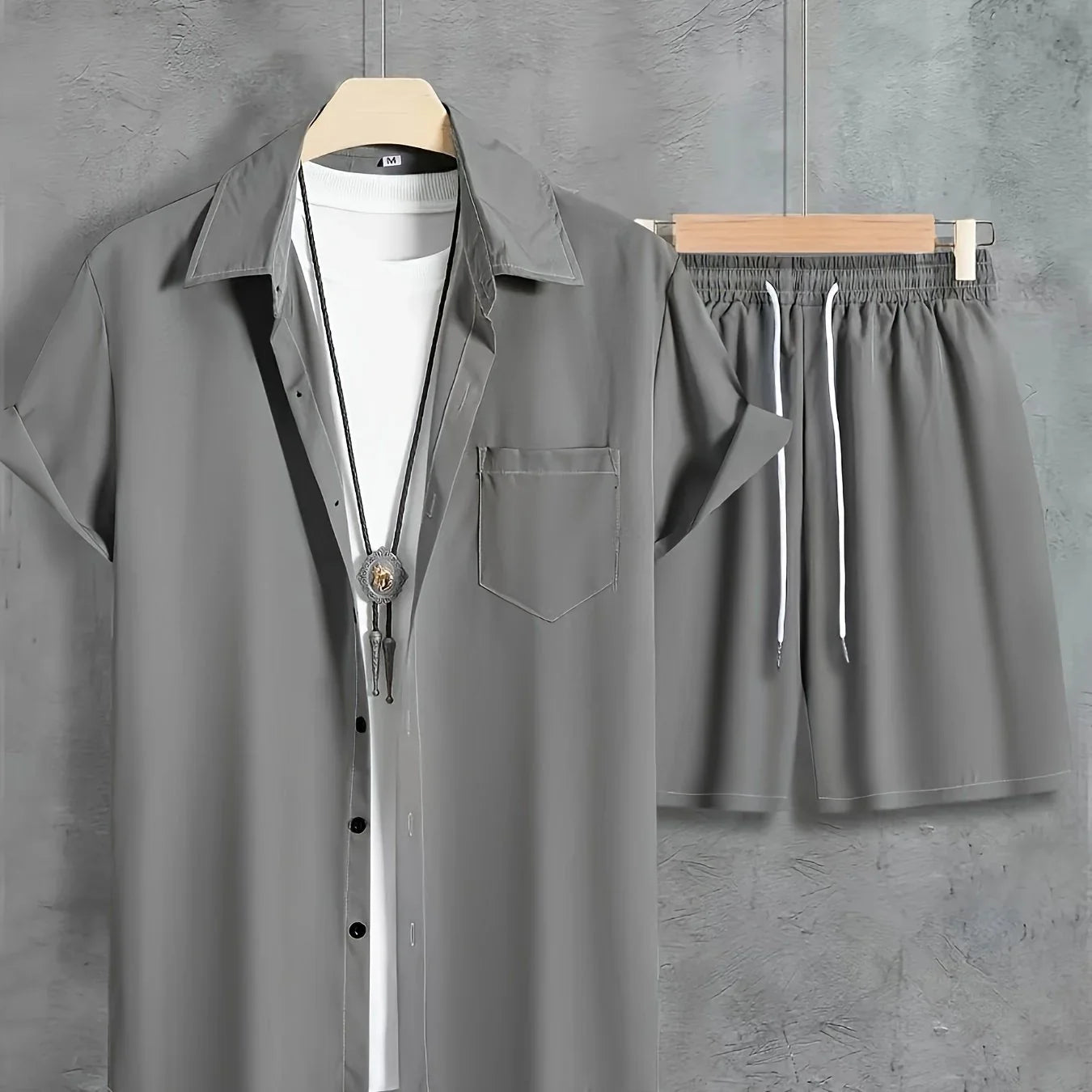 Unifarbenes 2 Stk. Kurzarm-Shirt mit Revers Knopfleiste und Shorts mit Kordelzug - tif-shop24.de