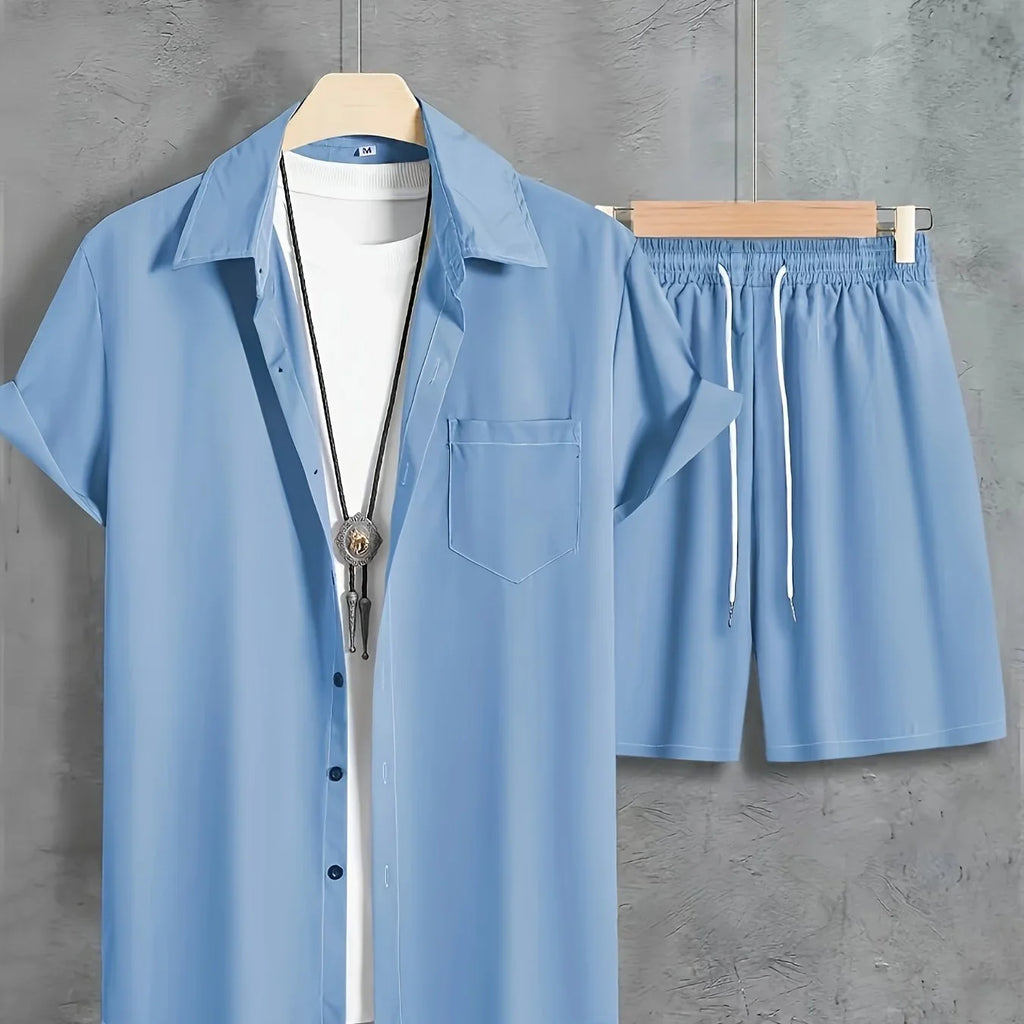 Unifarbenes 2 Stk. Kurzarm-Shirt mit Revers Knopfleiste und Shorts mit Kordelzug - tif-shop24.de