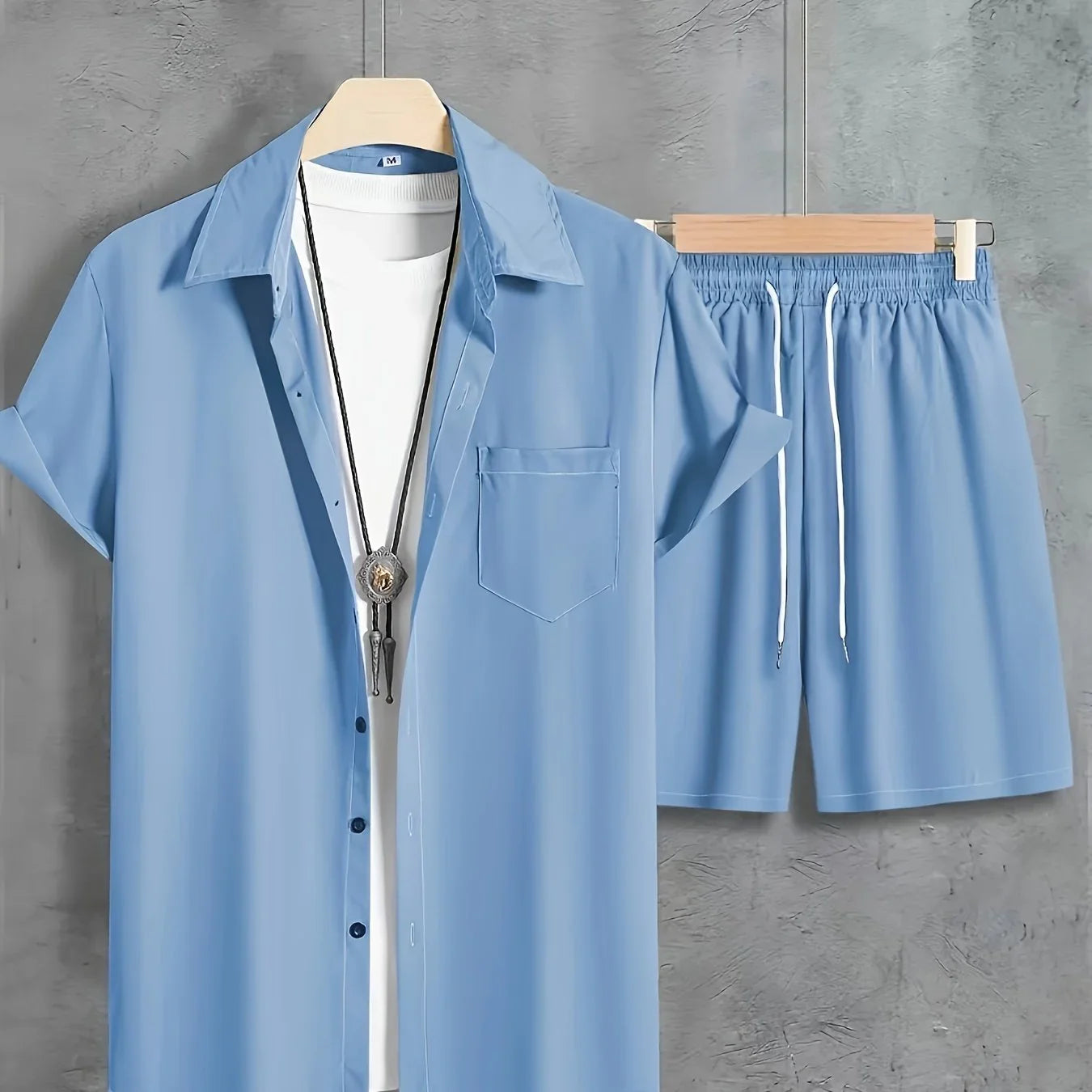 Unifarbenes 2 Stk. Kurzarm-Shirt mit Revers Knopfleiste und Shorts mit Kordelzug - tif-shop24.de