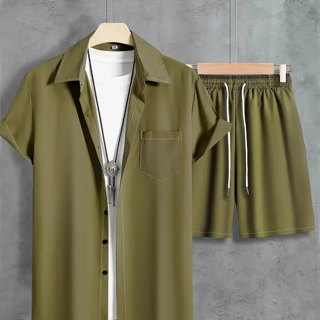 Unifarbenes 2 Stk. Kurzarm-Shirt mit Revers Knopfleiste und Shorts mit Kordelzug - tif-shop24.de