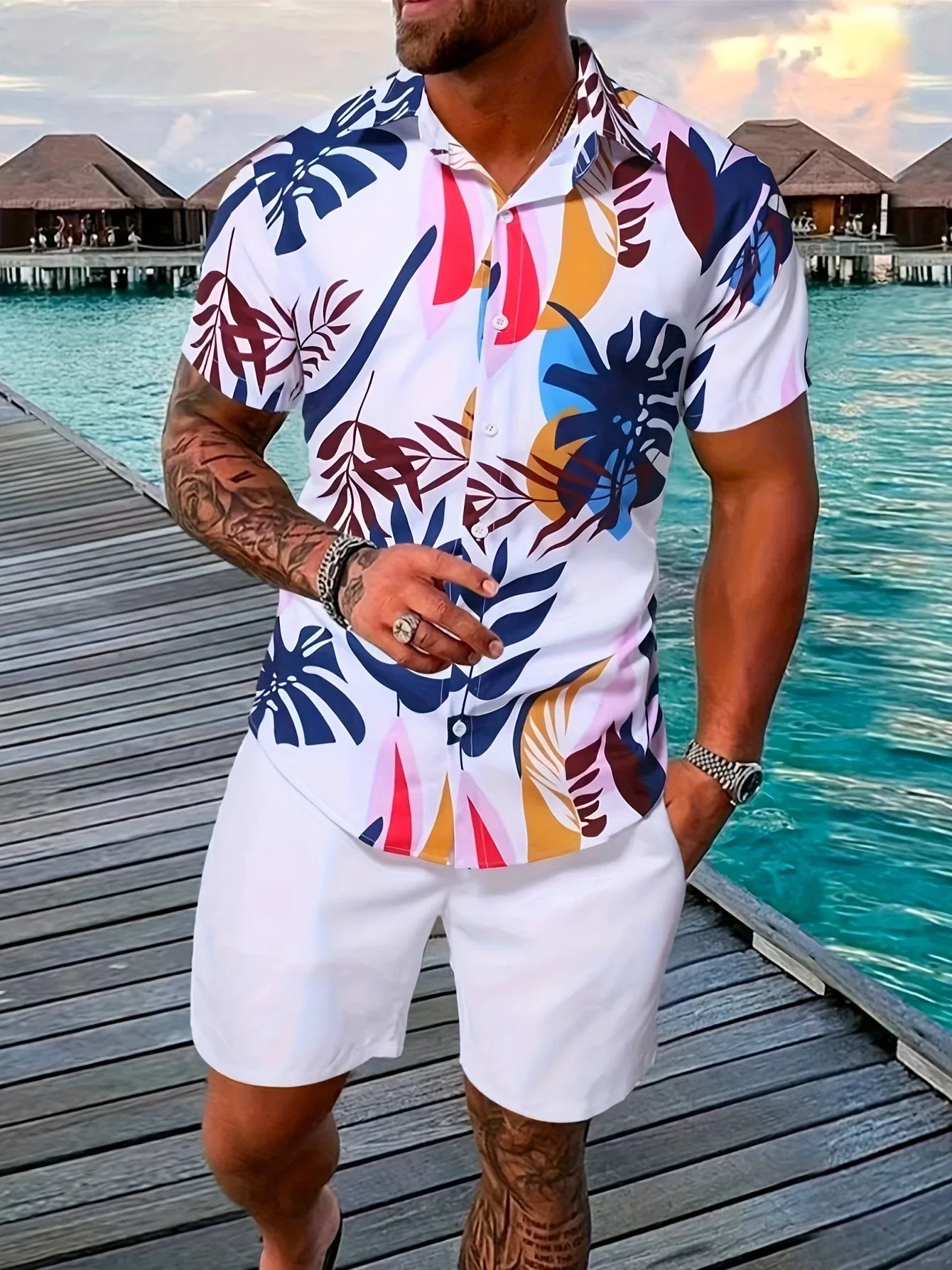 Blumen- Und Blattdruck, 2-teiliges Herren-Outfit, Lässiges Camp-Kragen-Revers-Knopf-Kurzarmhemd, Hawaiihemd Und Kordelzug-Shorts-Set Für Den Sommer, Herrenbekleidung - tif-shop24.de