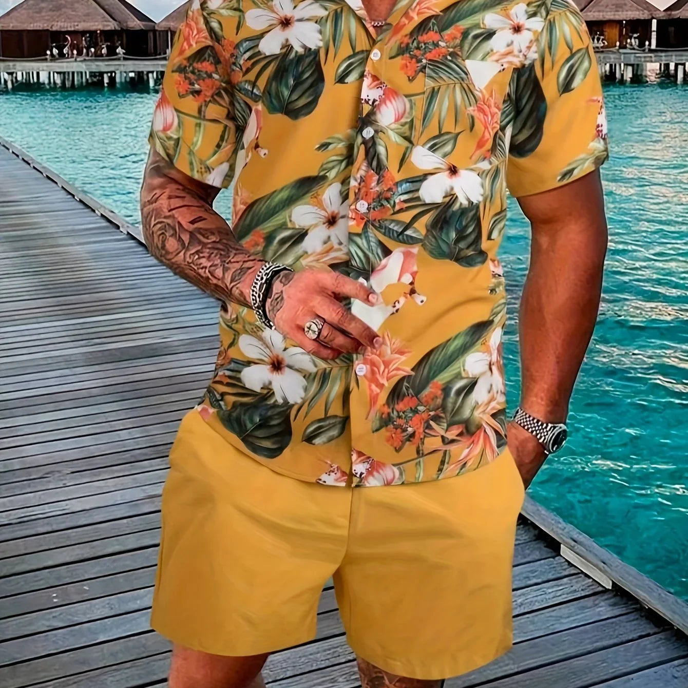 Blumen- Und Blattdruck, 2-teiliges Herren-Outfit, Lässiges Camp-Kragen-Revers-Knopf-Kurzarmhemd, Hawaiihemd Und Kordelzug-Shorts-Set Für Den Sommer, Herrenbekleidung - tif-shop24.de