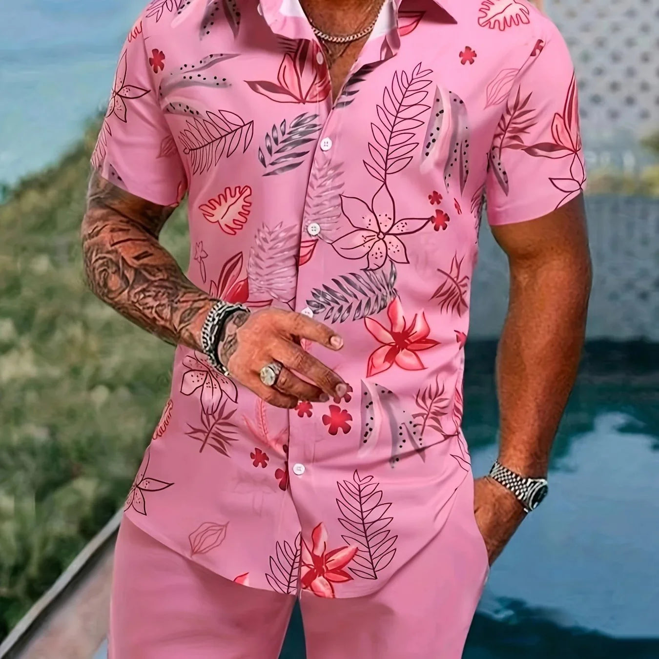 Blumen- Und Blattdruck, 2-teiliges Herren-Outfit, Lässiges Camp-Kragen-Revers-Knopf-Kurzarmhemd, Hawaiihemd Und Kordelzug-Shorts-Set Für Den Sommer, Herrenbekleidung - tif-shop24.de