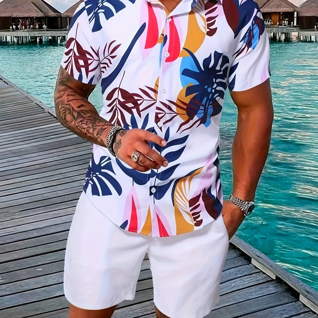Blumen- Und Blattdruck, 2-teiliges Herren-Outfit, Lässiges Camp-Kragen-Revers-Knopf-Kurzarmhemd, Hawaiihemd Und Kordelzug-Shorts-Set Für Den Sommer, Herrenbekleidung - tif-shop24.de