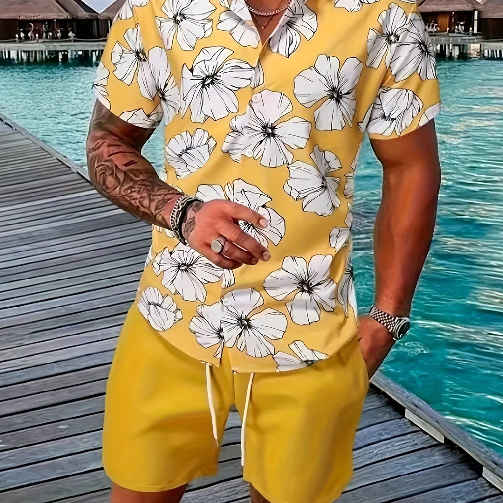 Blumen- Und Blattdruck, 2-teiliges Herren-Outfit, Lässiges Camp-Kragen-Revers-Knopf-Kurzarmhemd, Hawaiihemd Und Kordelzug-Shorts-Set Für Den Sommer, Herrenbekleidung - tif-shop24.de