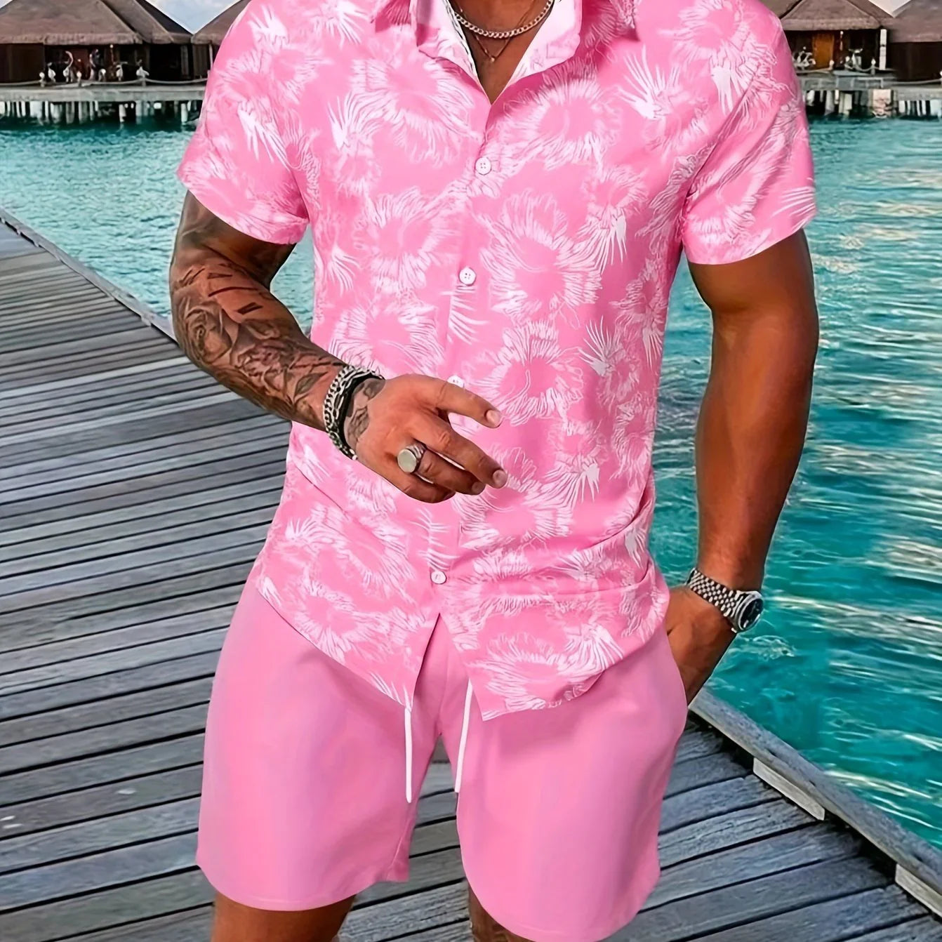 Blumen- Und Blattdruck, 2-teiliges Herren-Outfit, Lässiges Camp-Kragen-Revers-Knopf-Kurzarmhemd, Hawaiihemd Und Kordelzug-Shorts-Set Für Den Sommer, Herrenbekleidung - tif-shop24.de