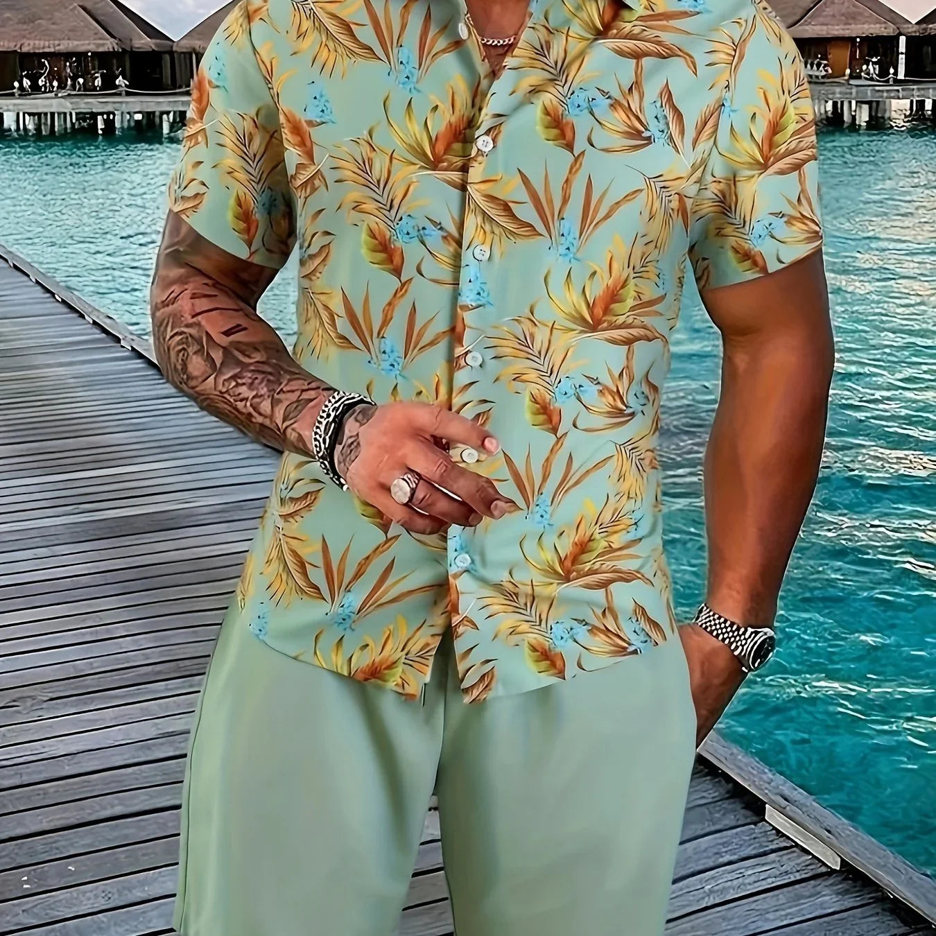 Blumen- Und Blattdruck, 2-teiliges Herren-Outfit, Lässiges Camp-Kragen-Revers-Knopf-Kurzarmhemd, Hawaiihemd Und Kordelzug-Shorts-Set Für Den Sommer, Herrenbekleidung - tif-shop24.de