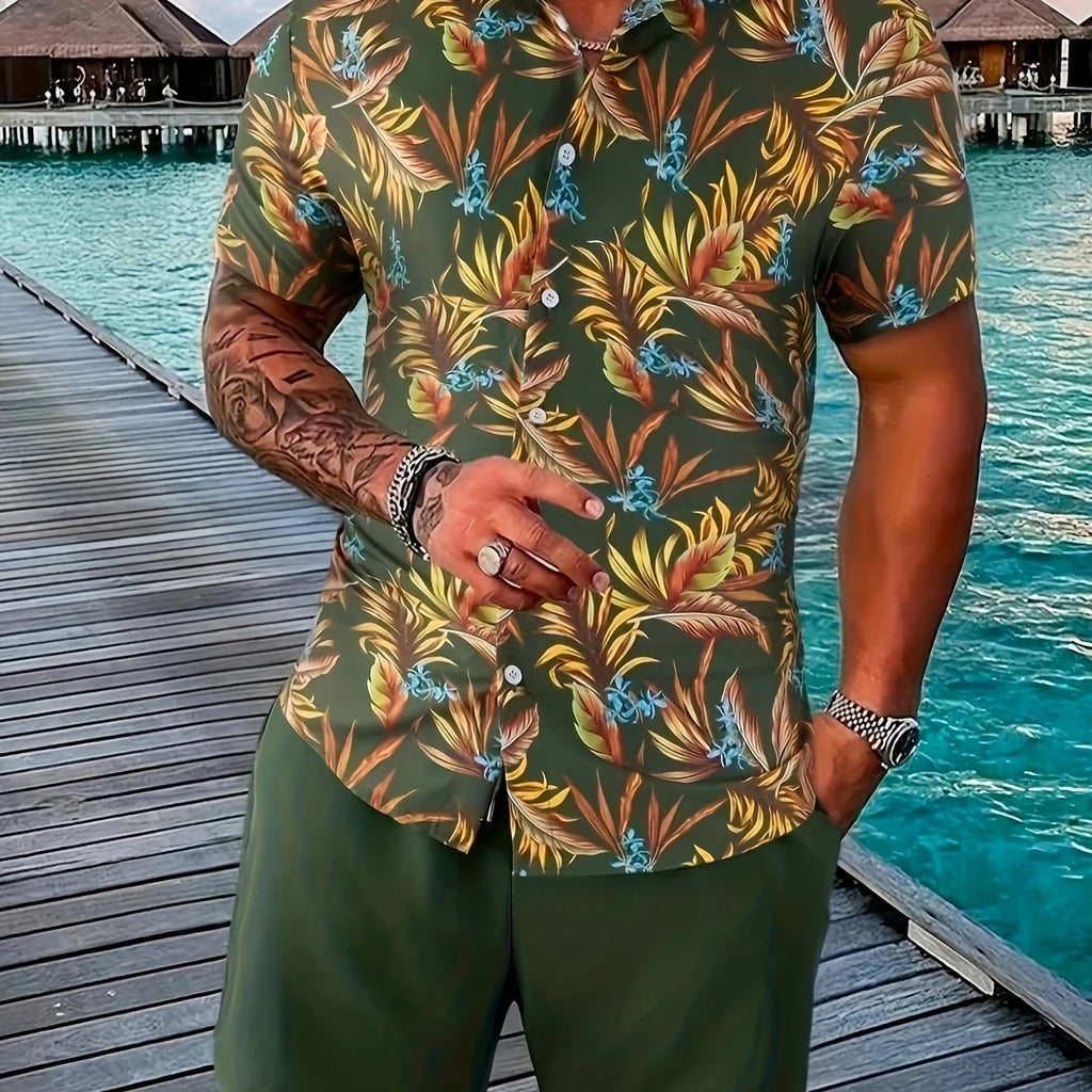 Blumen- Und Blattdruck, 2-teiliges Herren-Outfit, Lässiges Camp-Kragen-Revers-Knopf-Kurzarmhemd, Hawaiihemd Und Kordelzug-Shorts-Set Für Den Sommer, Herrenbekleidung - tif-shop24.de