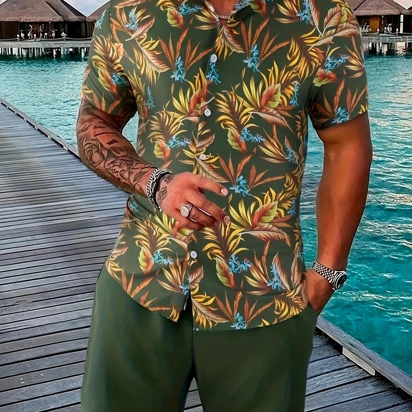 Blumen- Und Blattdruck, 2-teiliges Herren-Outfit, Lässiges Camp-Kragen-Revers-Knopf-Kurzarmhemd, Hawaiihemd Und Kordelzug-Shorts-Set Für Den Sommer, Herrenbekleidung - tif-shop24.de
