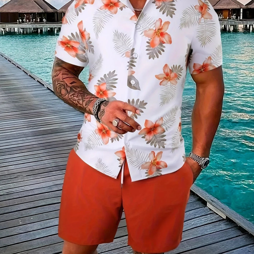 Blumen- Und Blattdruck, 2-teiliges Herren-Outfit, Lässiges Camp-Kragen-Revers-Knopf-Kurzarmhemd, Hawaiihemd Und Kordelzug-Shorts-Set Für Den Sommer, Herrenbekleidung - tif-shop24.de