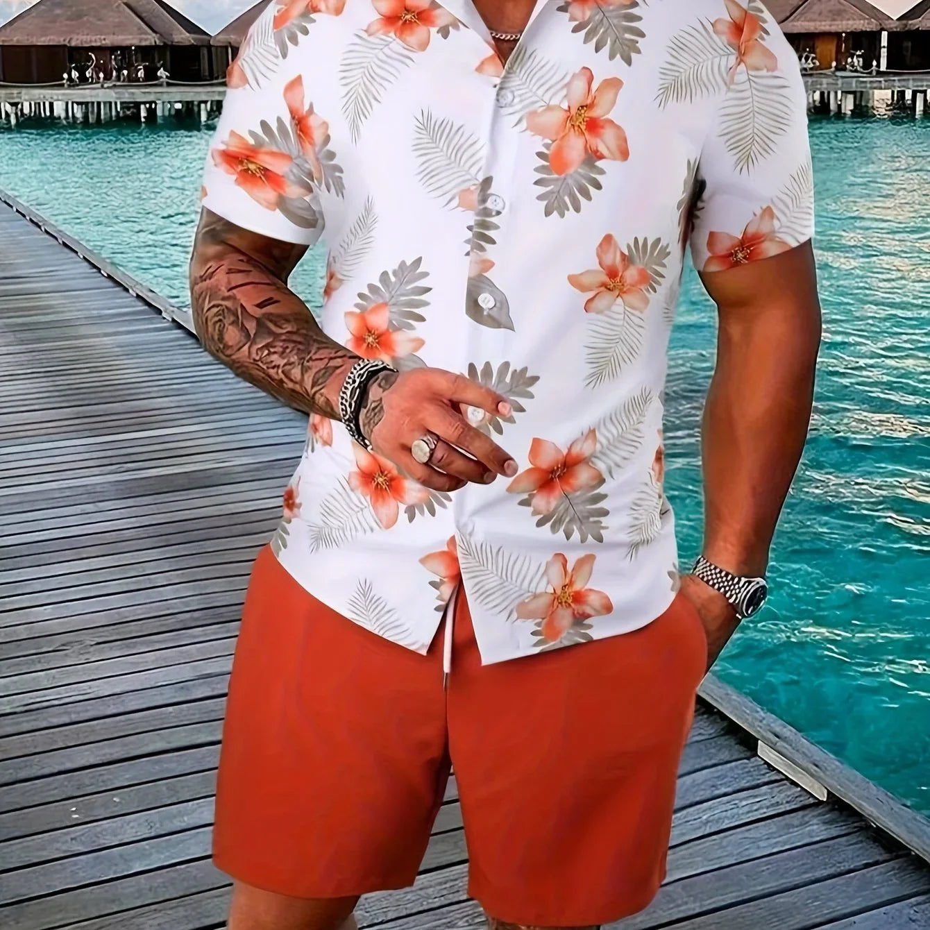 Blumen- Und Blattdruck, 2-teiliges Herren-Outfit, Lässiges Camp-Kragen-Revers-Knopf-Kurzarmhemd, Hawaiihemd Und Kordelzug-Shorts-Set Für Den Sommer, Herrenbekleidung - tif-shop24.de